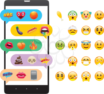 Mobile Messages with Fantastic Smile Emoticons, Emoji Design Set. Bright Icons of Lips. Fire, OMG Expression, Peach, Hot Dog. Stickers and Patches