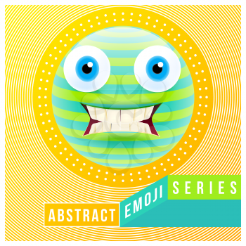 Abstract Cute Confused Emoji with Big Eyes and Open Mouth with Teeth. Abstract Emoji Series. Green Crazy Confused Emoticon Face on Yellow Background