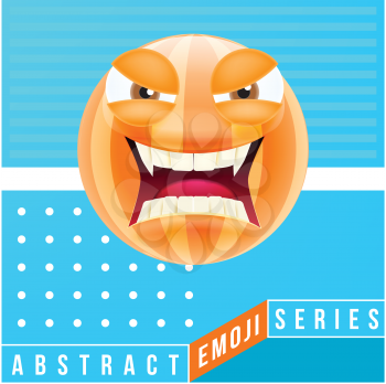 Abstract Cute Angry Emoji with Big Eyes and Open Mouth with Teeth. Abstract Emoji Series. Orange Crazy Angry Emoticon Face on Blue Background
