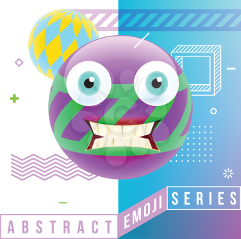 Abstract Cute Shocked Emoji with Big Eyes and Open Mouth with Teeth. Abstract Emoji Series. Violet Crazy Confused Emoticon Face on Blue Background