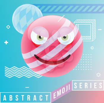 Abstract Cute Angry Emoji. Abstract Emoji Series. Pink Crazy Angry Emoticon Face in Memphis Style on Blue Background