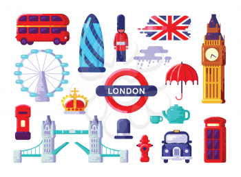 London Icons Set. England. Thin Flat Design. Themed Icons of London. British Symbols Collection. England Showplace. Isolated Vector Illustration