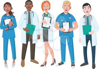Team of Good Doctors on a White Background. Vector Illustration in Flat Cartoon Style