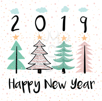 Happy New Year Vector Modern Illustration. Four Pine Trees with Stars and Snow Flakes Childish Picture in Cartoon Style. 2019 Year Greetings