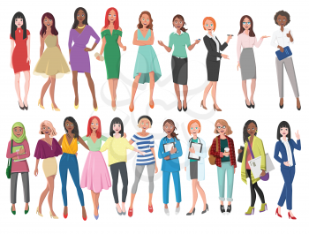 Vector Illustration of Different Women in Dresses, Suits, etc. Girls with Long Hair in Casual Clothes, Young Black Woman, Woman with Blond hair, Asian woman. Cartoon Realistic People. Front View