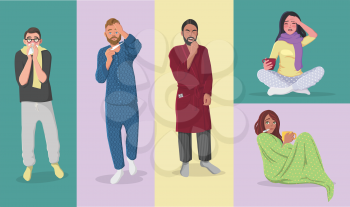 Set of People Having Cold, Flue, Fiver, Allergy, Hangover. Cartoon Style Vector Illustration