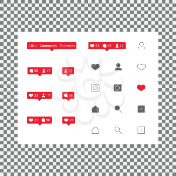 Set of Social Media Icons Inspired by Social Platform Instagram for Mobile Application or Web Application. Like, Follower, Comment, Home, Camera, User, Search Icons. Vector illustration