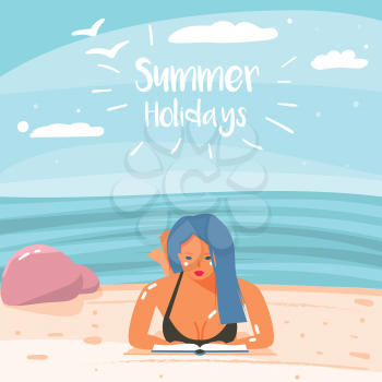 Hand Drawn Vector Abstract Cartoon Summer Time Graphic Illustration Art Template Background with a Girl, Relaxing on a Beach Scene with Summer Holidays Typography Quote