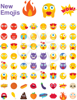 Big Set of New Modern Emojis, Emoticons Flat Vector Illustration Symbols. All World Emotions in Yellow Expressions. Happy, Sad, Angry, Eager, Surprised, Shocked, Crying, in Love and Confused Smileys