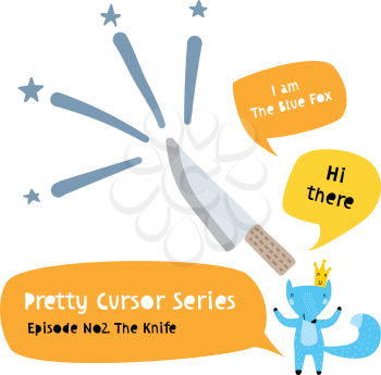 Series of Cute Funny Cursors or Pointers for Children's Graphics. A Knife Cursor for Games, Website, App or Other Activities with Fox Character. Interactive Pointer in a Comic Cute Trendy Style