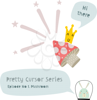 Series of cute funny cursors or pointers for children's graphics. Mushroom cursor for games, website, app or other activities. Interactive pointer in comic cute trendy style