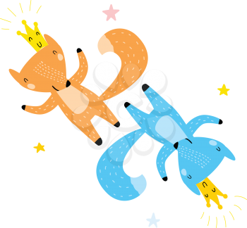 Hand Drawn Vector Illustration of Cute Funny Foxes Among Stars. Isolated Objects. Scandinavian Style Flat Design. Concept for Children Print, Website or App. Happy Red and Blue Foxes with Crowns.