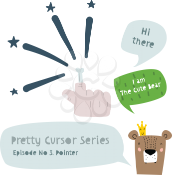 Series of Cute Funny Cursors or Pointers for Children's Graphics. A Pointer Hand Cursor for Games, Website, App with Bear Character. Interactive Pointer in a Comic Cute Trendy Style