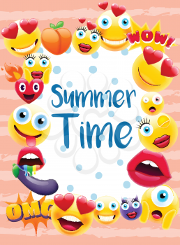 Summer time Poster or Postcard! Summer Design with Lots of Unique Emojis. Holidays Sign for Schools or Kindergartens in a Trendy Style.