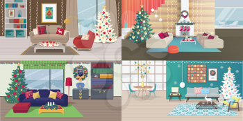 Set of Christmas Interiors with Furniture. New Year Holiday Rooms with Carpet, Table, Lamp, Picture, Shelve, Book, Vinyl Player, Window, Draperies, Curtain, Pillow, Chimney, Armchair, Tank, Tea Table