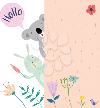 A Rabbit and a Koala out of the Back of the Wall. Hand Drawn Style vector Doodle Design Illustrations.