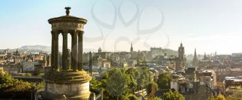 Panoramic aerial view of Edinburgh castle from Calton Hill in a beautiful summer evening, Scotland, United Kingdom