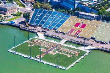 Panoramic aerial view of Float stadium in Singapore at summer day