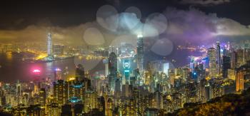 Panorama of Hong Kong business district in a summer night