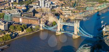 Panoramic aerial view of Tower Bridge in London in a beautiful summer night, England, United Kingdom