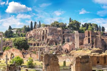 Ancient ruins of Forum  in a summer day in Rome, Italy