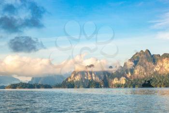Beautiful nature at Cheow Lan lake, Ratchaprapha Dam, Khao Sok National Park in Thailand in a summer day