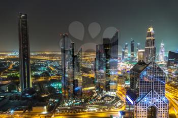 Panorama of downtown Dubai at night, United Arab Emirates