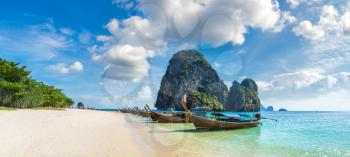 Panorama of Traditional long tail boat on Ao Phra Nang Beach, Krabi, Thailand in a summer day