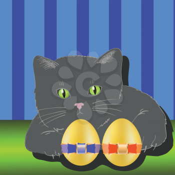 colorful illustration with  cat and two easter eggs  for your design