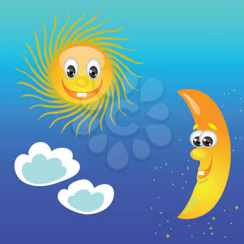 colorful illustration with sun and moon on a sky background