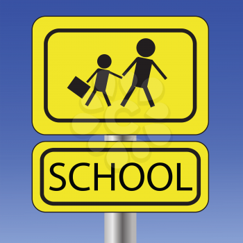 colorful illustration with  yellow school sign  on blue sky background