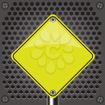colorful illustration with yellow sign on a gray perforated background