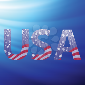 colorful illustration USA capital letters with flag pattern on a blue wave background
