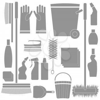colorful illustration with  Cleaning Tools silhouettes on white background