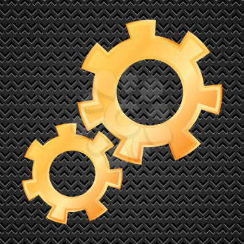 Illustration  with gold gears on dark perforated background. Gear collection. Set of gold gear wheels. Yellow cogs useful for your design.