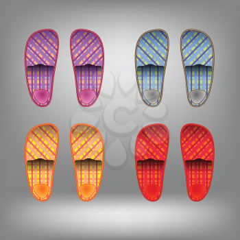 Shoes for home. Colorful slippers. Slippers collection on grey background.