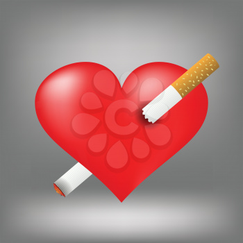 Illustration  with cigarette and heart on grey background. Graphic Design Useful For Your Design.Red heart pierced by burning sigarette.