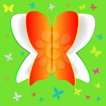 Paper Butterfly on Green Background with Silhouettes of Colorful Batterflies.