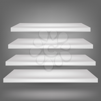 Emrty Shelves Isolated on Grey Background. Four White Realistic Shelves.