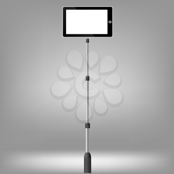 Selfie on smartphone using monopod. Selfie Stick on Grey Background.