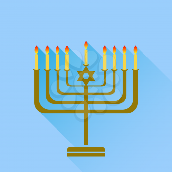 Jewish Holiday Hanukkah. Menorah Burning Candles Isolated on Blue Background.
