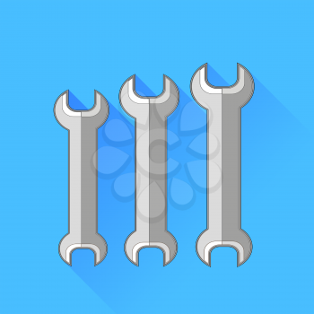 Set of Wrench Isolated on Blue Background. Long Shadow.