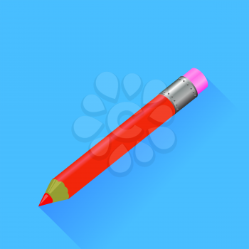 Red Pencil Isolated on Blue Background. Long Shadow.