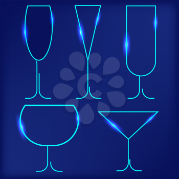 Set of Different Wine Glasses Isolated on Blue Background