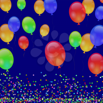 Colorful Flying Balloons and Falling Confetti on Blue Background.