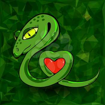 Snake and Heart  on Green Polygonal Background 
