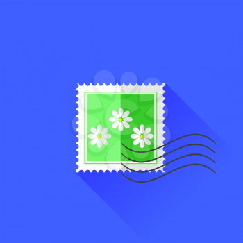  Stamp with  White Flowers Isolated on Blue Background