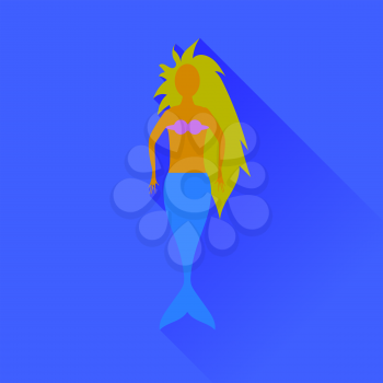 Mermaid Icon Isolated on Blue Background. Long Shadow