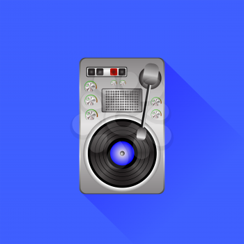 Old Turntable with Vinyl Record Icon Isolated on Blue Background