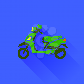 Green Scooter Silhouette Isolated on Blue Background. Long Shadow